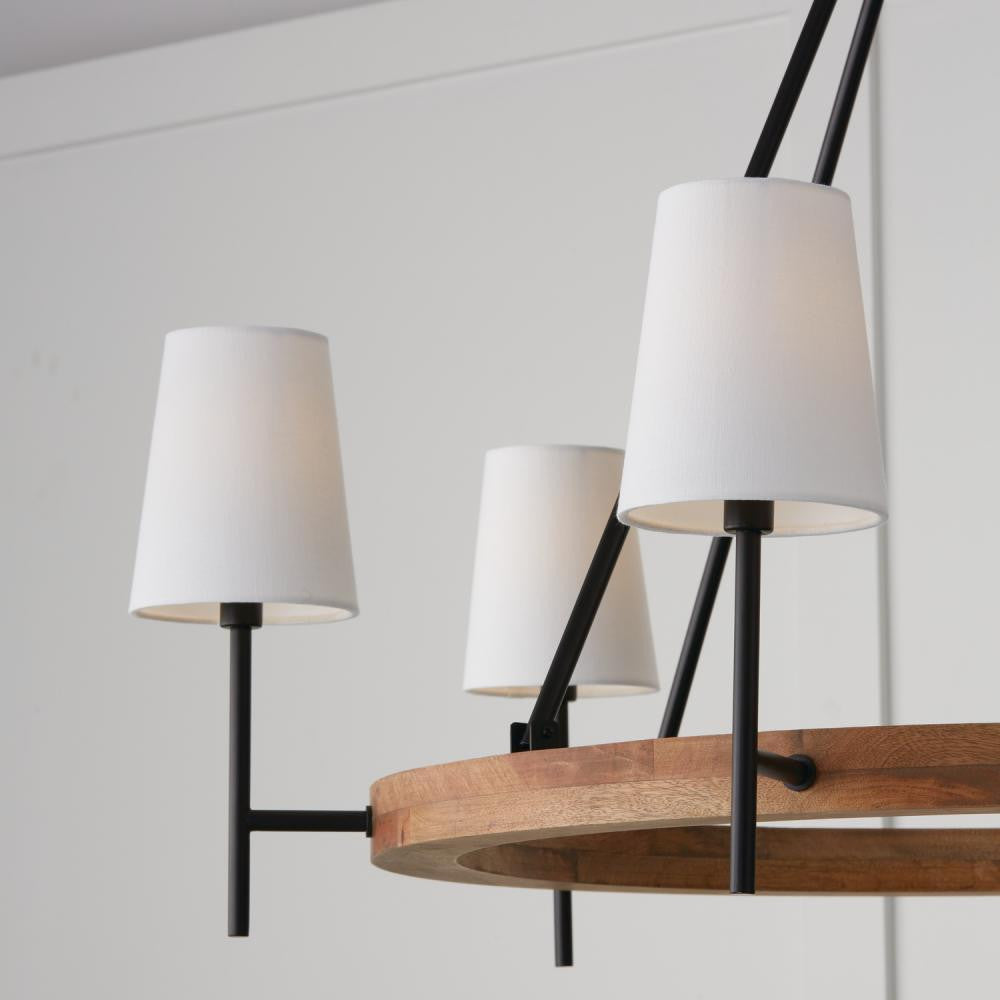 Capital 6-Light Chandelier in Matte Black and Mango Wood with Removable White Fabric Shades
