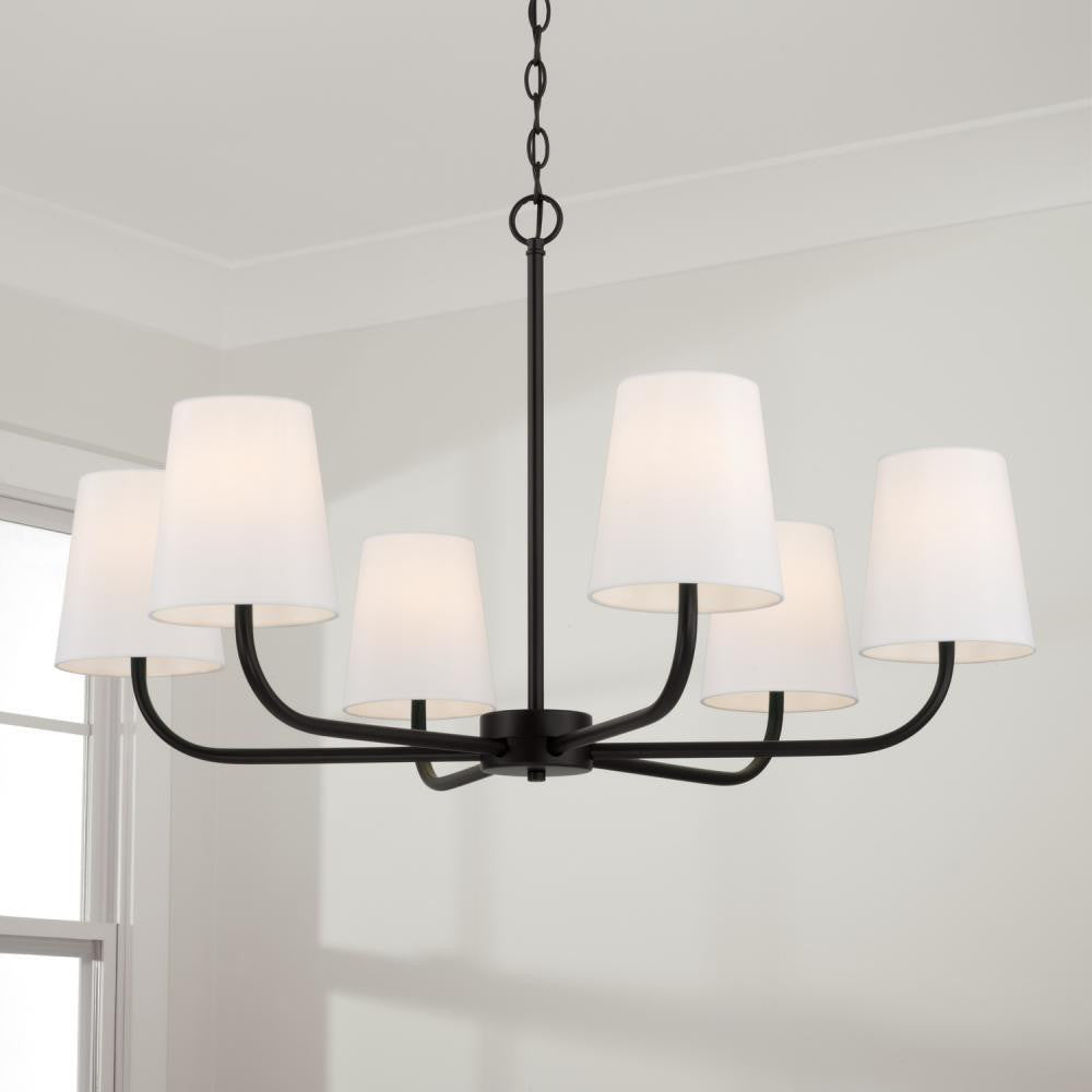 Capital 6-Light Chandelier in Matte Black with White Fabric Stay-Straight Shades