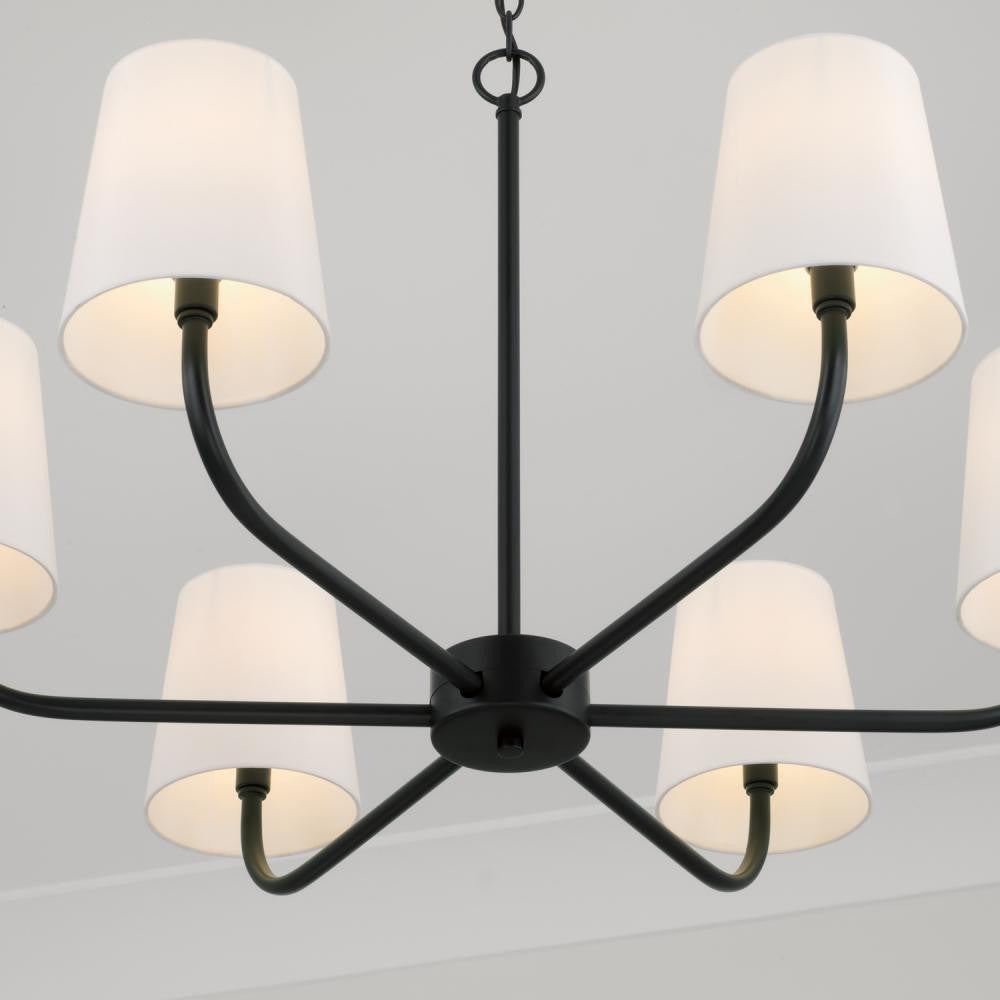 Capital 6-Light Chandelier in Matte Black with White Fabric Stay-Straight Shades