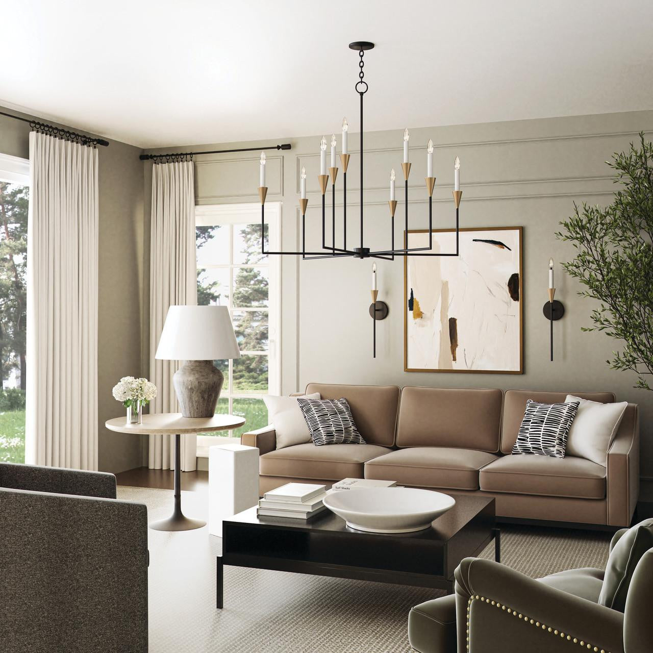 Capital 8-Light Chandelier in Black and Aged Brass with Interchangeable White or Aged Brass Candle Sleeves