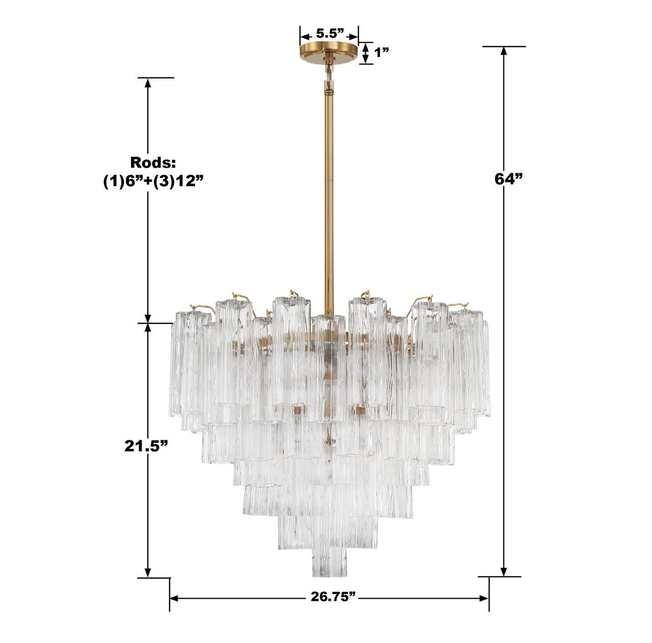 Crystorama Addis 12 Light Chandelier - Aged Brass, Tronchi Glass Clear 21.5"H