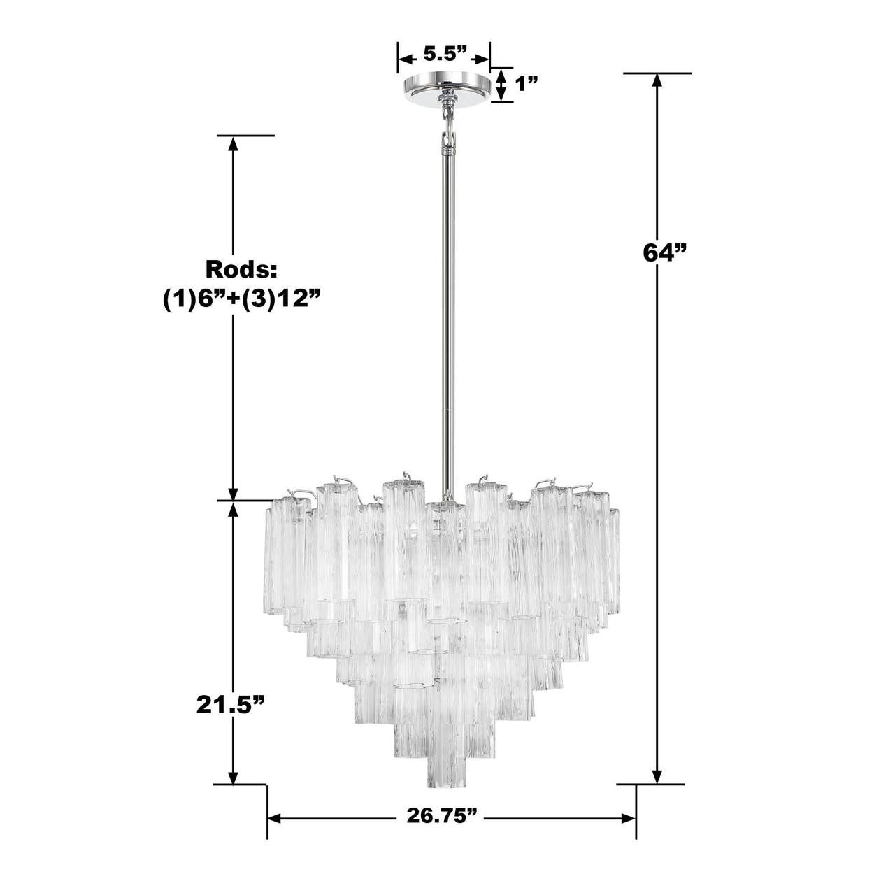 Crystorama Addis 12 Light Chandelier - Polished Chrome, Tronchi Glass Clear 21.5"H