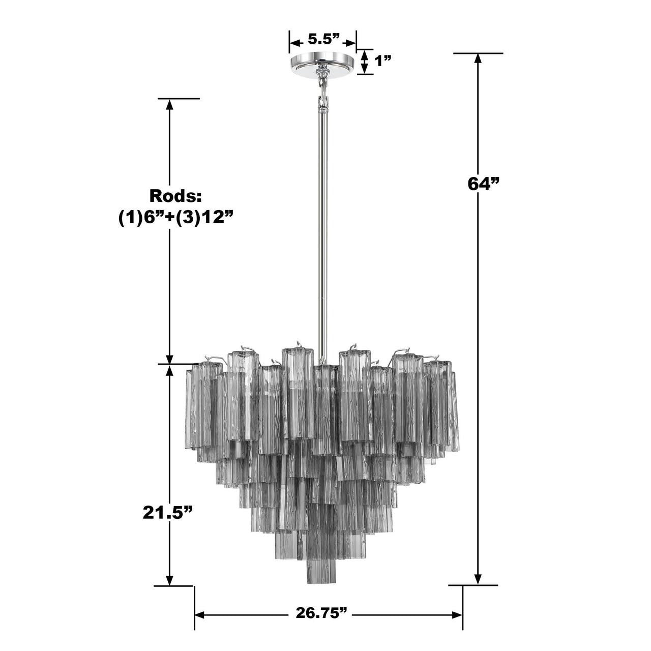 Crystorama Addis 12 Light Chandelier - Polished Chrome, Tronchi Glass Smoke 21.5"H