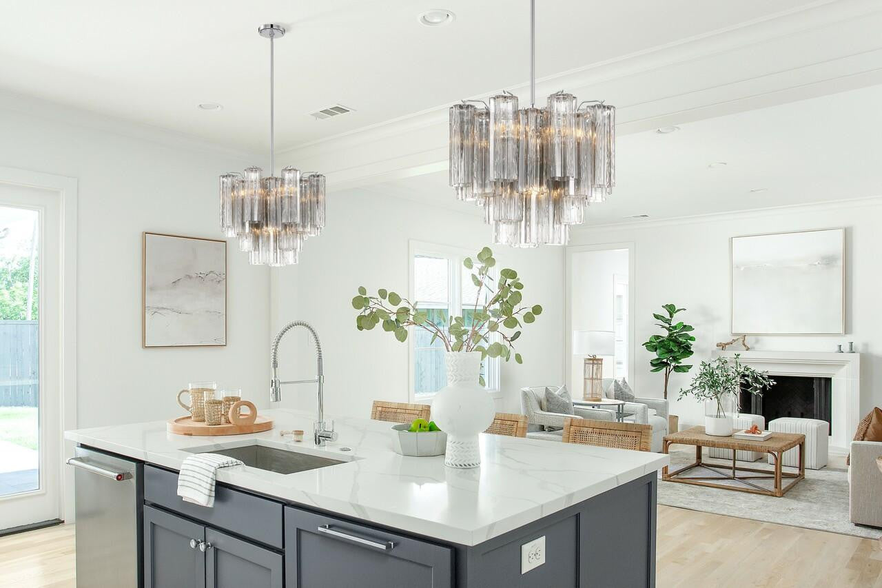 Crystorama Addis Chandelier - Polished Chrome, Tronchi Glass Smoke 13.75"H
