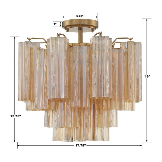 Crystorama Addis Semi Flush Mount - Aged Brass, Tronchi Glass Amber 13.75"H