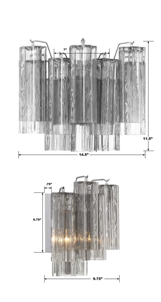 Crystorama Addis Wall Sconce - Polished Chrome, Tronchi Glass Smoke 11.75"H