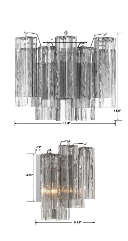 Crystorama Addis Wall Sconce - Polished Chrome, Tronchi Glass Smoke 11.75"H