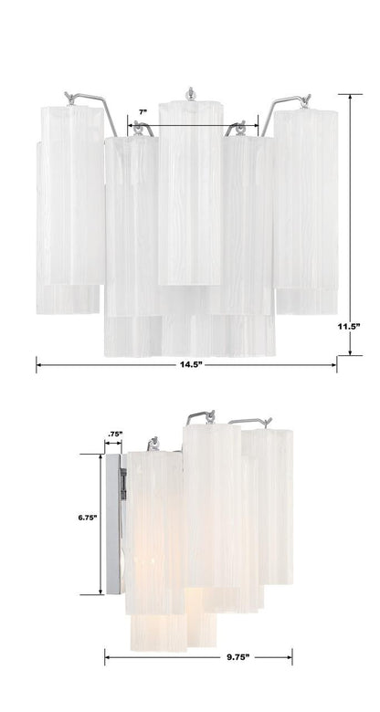 Crystorama Addis Wall Sconce - Polished Chrome, Tronchi Glass White 11.75"H