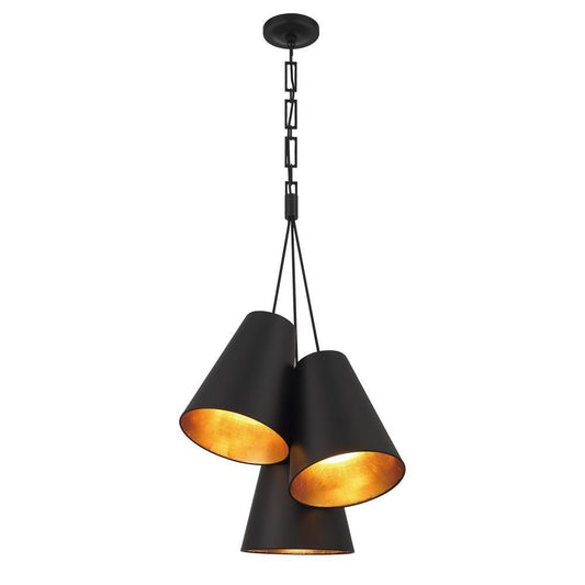 Crystorama Alston 3 Light Pendant Matte Black, Antique Gold