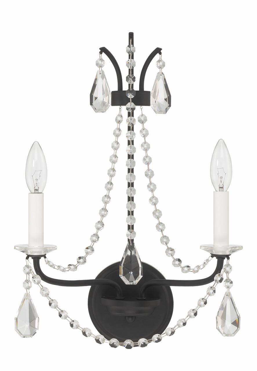 Crystorama Karrington Wall Sconce - Matte Black, Hand Cut Crystal 18.5"H