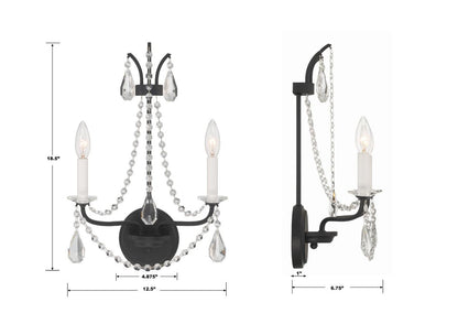 Crystorama Karrington Wall Sconce - Matte Black, Hand Cut Crystal 18.5"H