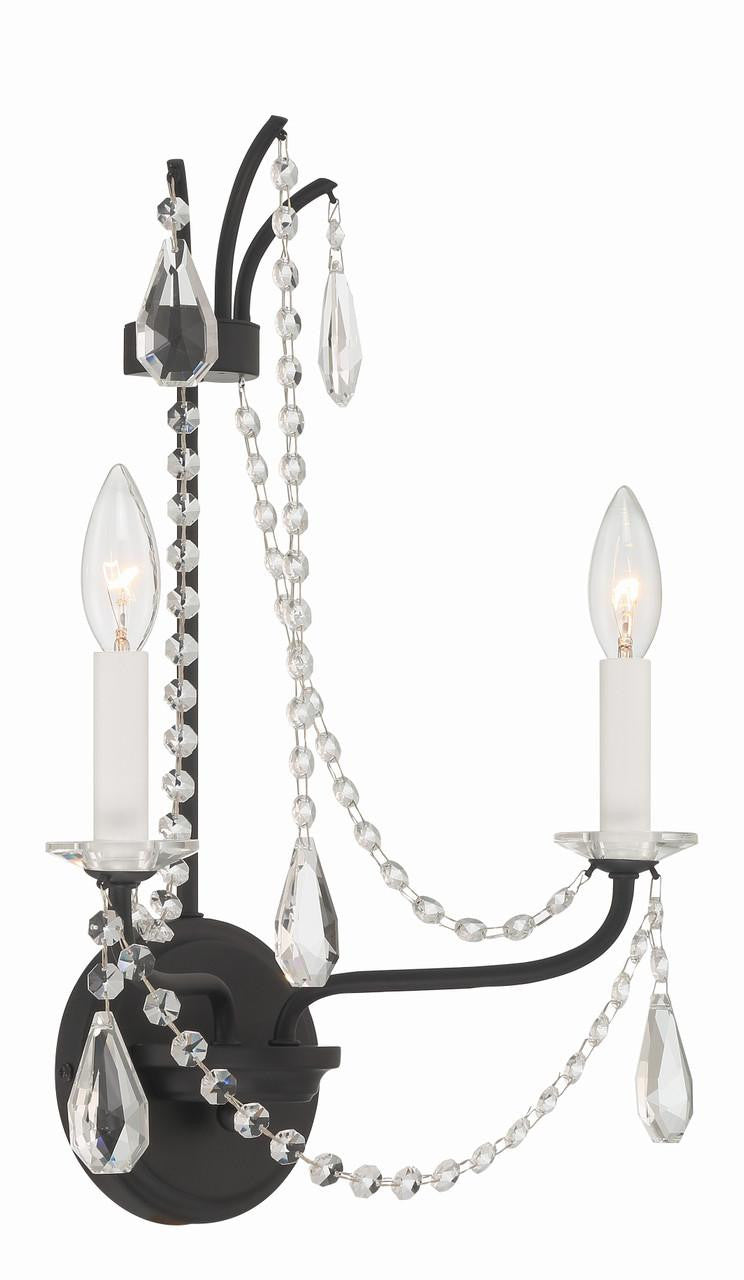 Crystorama Karrington Wall Sconce - Matte Black, Hand Cut Crystal 18.5"H