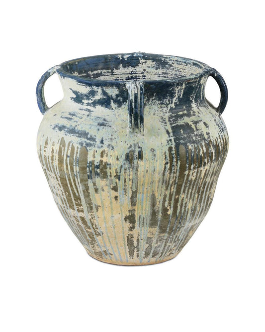 Currey and Company Agrigento Blue Drip Planter Antique White, Blue Drip