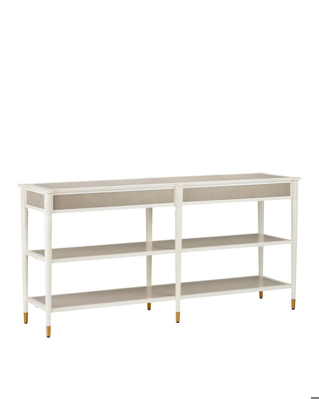 Currey and Company Aster Console Table Off White, Fog, Polished Brass