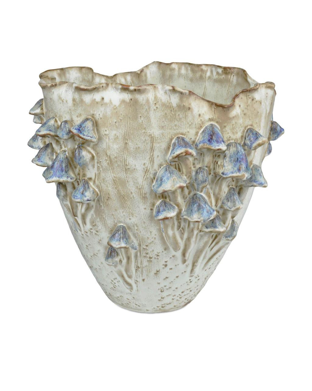 Currey and Company Black Forest Mushrooms Large Ivory Vase Cream, Reactive Blue
