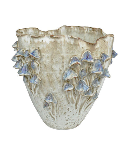 Currey and Company Black Forest Mushrooms Large Ivory Vase Cream, Reactive Blue