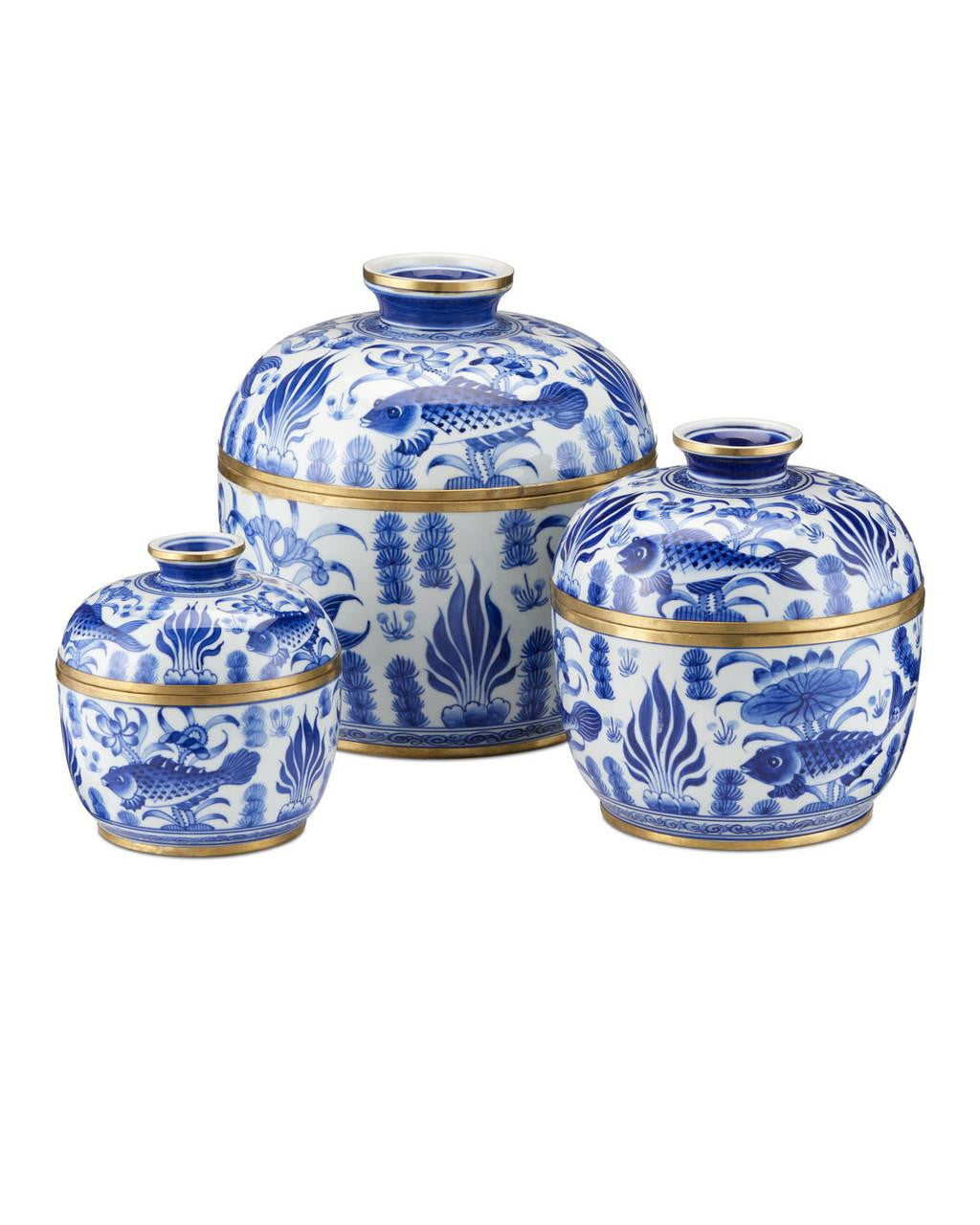 Currey and Company Blue & White Rice Tureen, Set of 3 White, Blue, Brass
