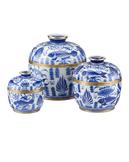 Currey and Company Blue & White Rice Tureen, Set of 3 White, Blue, Brass