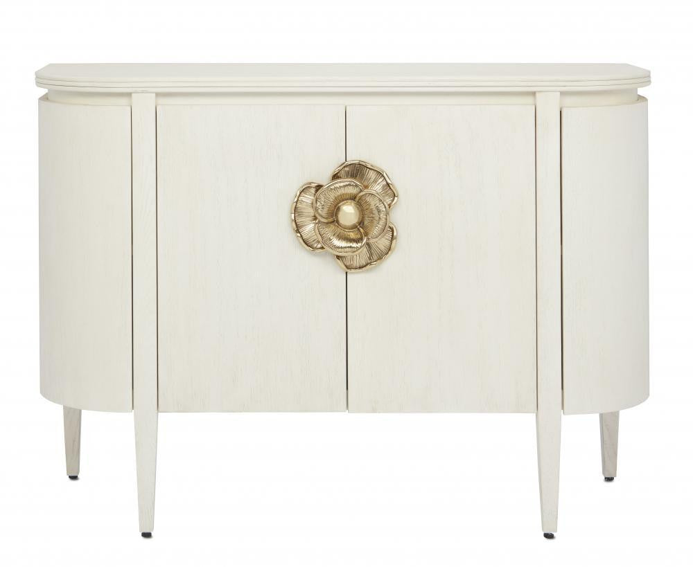 Currey and Company Briallen White Demi-Lune Cabinet Cerused White, Brass