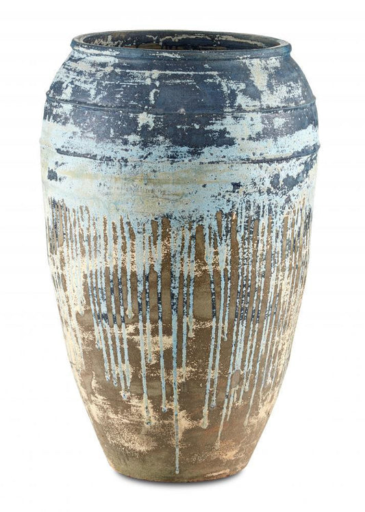 Currey and Company Catania Large Antique Blue Drip Planter Antique White, Blue Drip