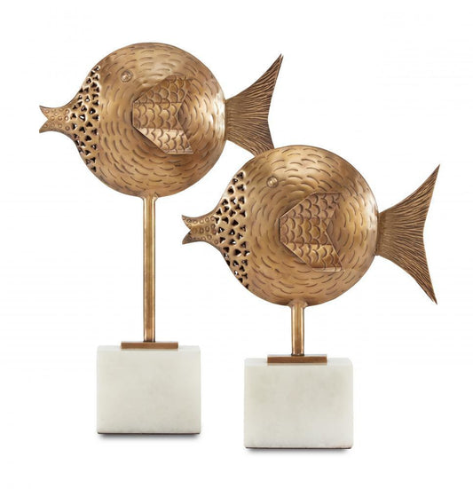 Currey and Company Cici Brass Fish, Set of 2 Antique Brass, White
