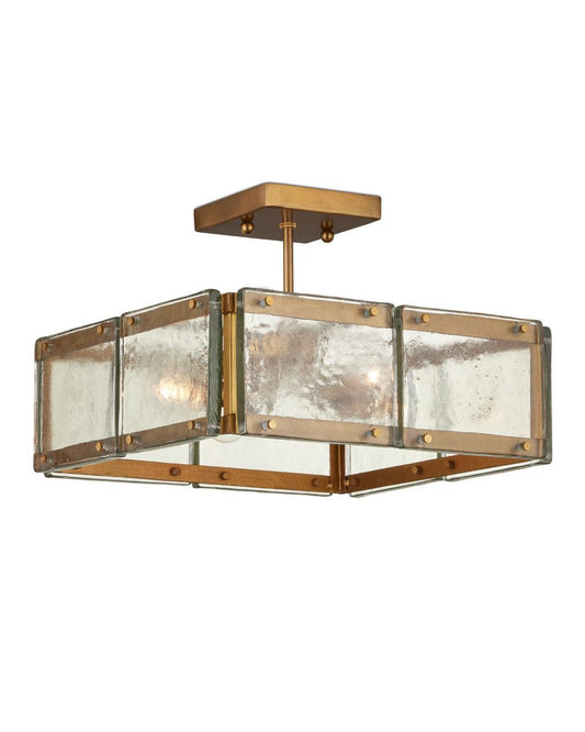 Currey and Company Countervail Square Semi-Flush Mount Clear, Antique Brass