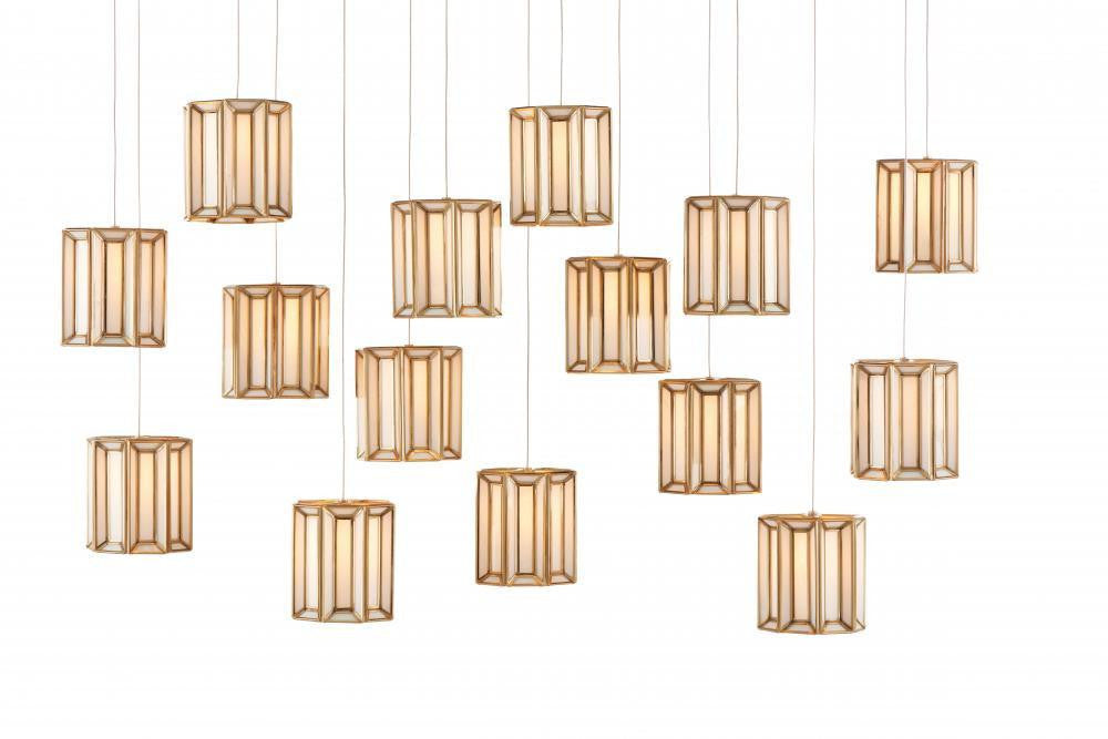 Currey and Company Daze 15-Light Linear Multi-Drop Pendant Antique Brass, White