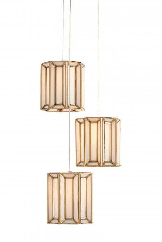 Currey and Company Daze 3-Light Round Multi-Drop Pendant Antique Brass, White