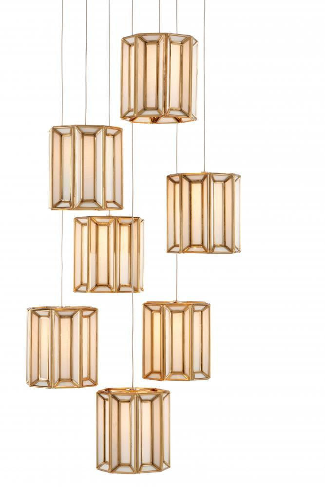 Currey and Company Daze 7-Light Round Multi-Drop Pendant Antique Brass, White