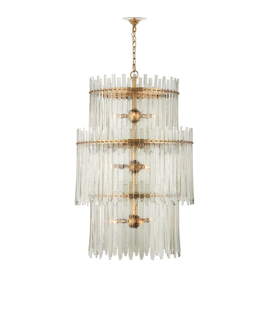 Currey and Company Electra Three-Tier Chandelier Clear, Antique Brass