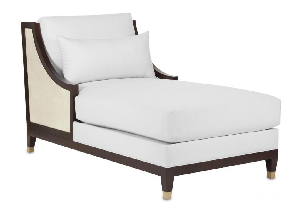 Currey and Company Evie Walnut Chaise, Muslin Ivory, Dark Walnut, Antique Brass