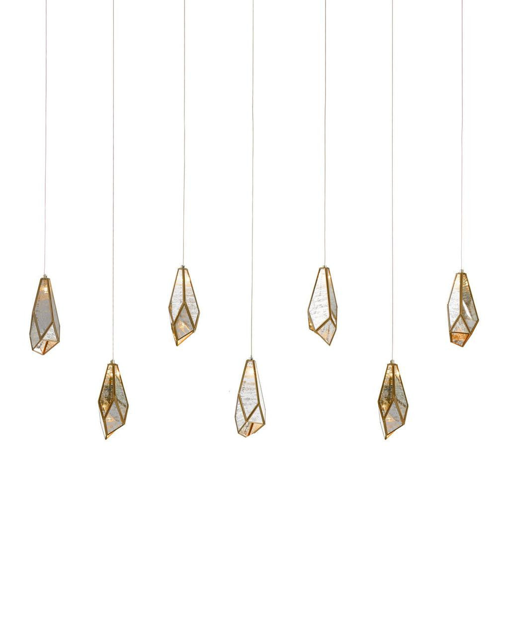 Currey and Company Glace Mirror 7-Light Linear Multi-Drop Pendant Raj Mirror, Antique Brass