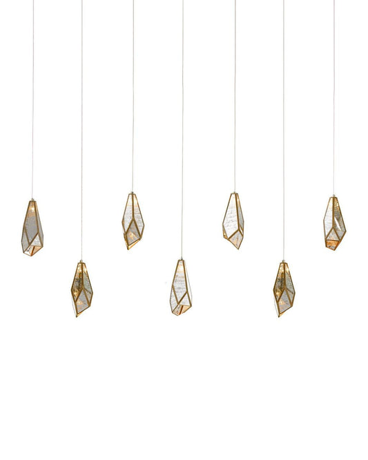 Currey and Company Glace Mirror 7-Light Linear Multi-Drop Pendant Raj Mirror, Antique Brass