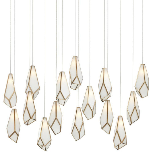 Currey and Company Glace White 15-Light Linear Multi-Drop Pendant White, Antique Brass