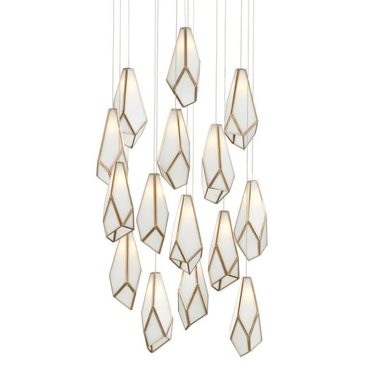 Currey and Company Glace White 15-Light Round Multi-Drop Pendant White, Antique Brass