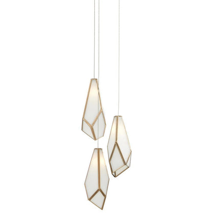 Currey and Company Glace White 3-Light Round Multi-Drop Pendant White, Antique Brass