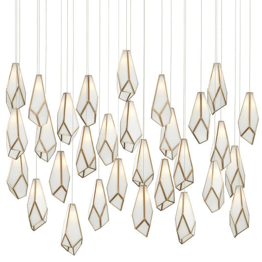 Currey and Company Glace White 30-Light Linear Multi-Drop Pendant White, Antique Brass