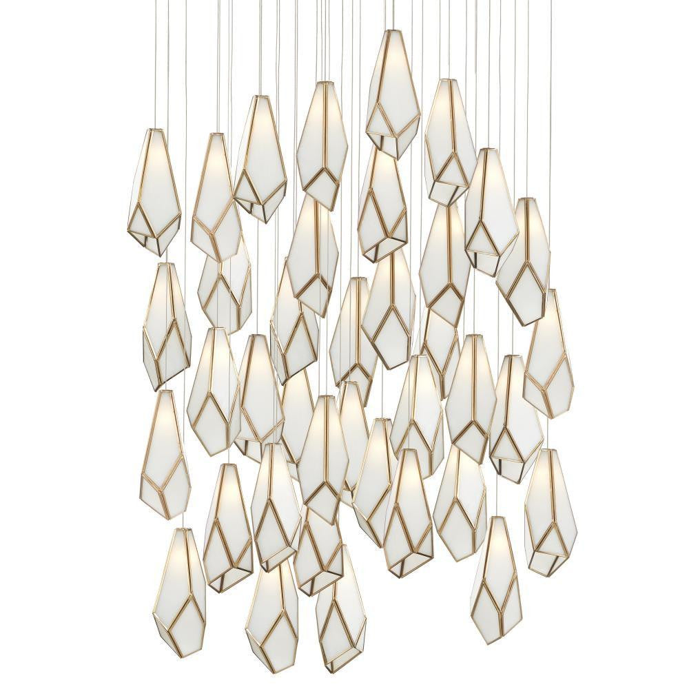 Currey and Company Glace White 36-Light Round Multi-Drop Pendant White, Antique Brass