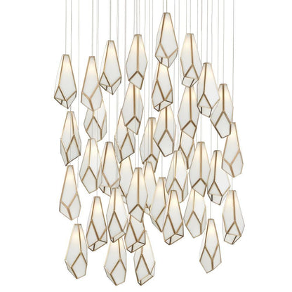 Currey and Company Glace White 36-Light Round Multi-Drop Pendant White, Antique Brass