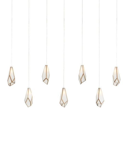 Currey and Company Glace White 7-Light Linear Multi-Drop Pendant White, Antique Brass