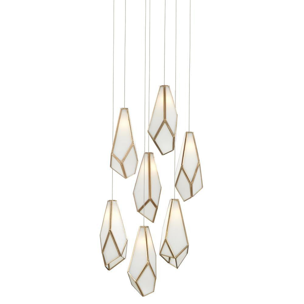 Currey and Company Glace White 7-Light Round Multi-Drop Pendant White, Antique Brass