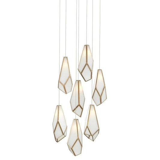 Currey and Company Glace White 7-Light Round Multi-Drop Pendant White, Antique Brass