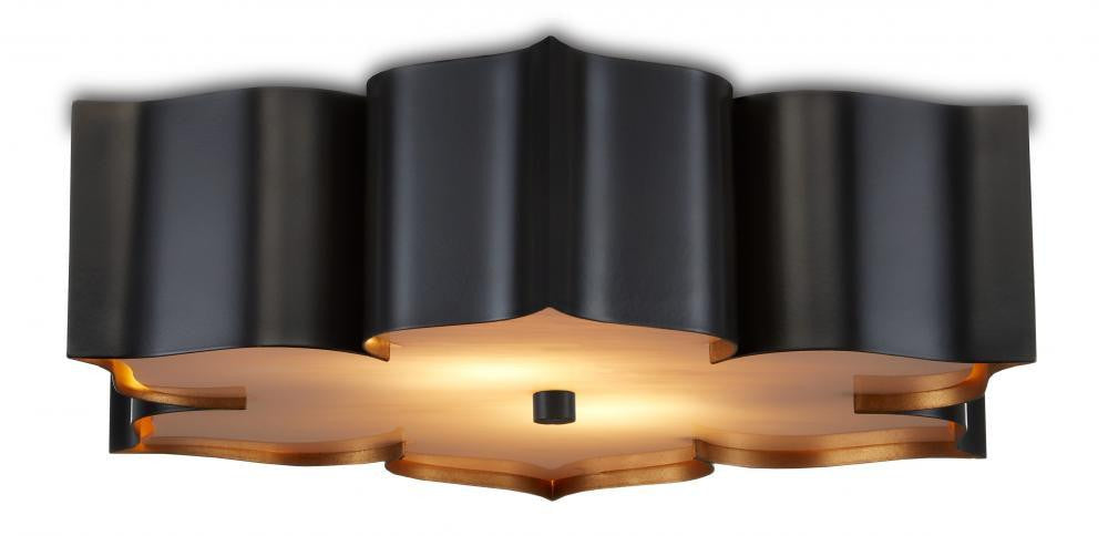 Currey and Company Grand Lotus Black Flush Mount Satin Black, Contemporary Gold, Faux Alabas