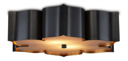 Currey and Company Grand Lotus Black Flush Mount Satin Black, Contemporary Gold, Faux Alabas