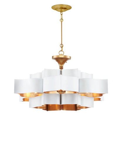 Currey and Company Grand Lotus Large White Chandelier Sugar White, Contemporary Gold Leaf