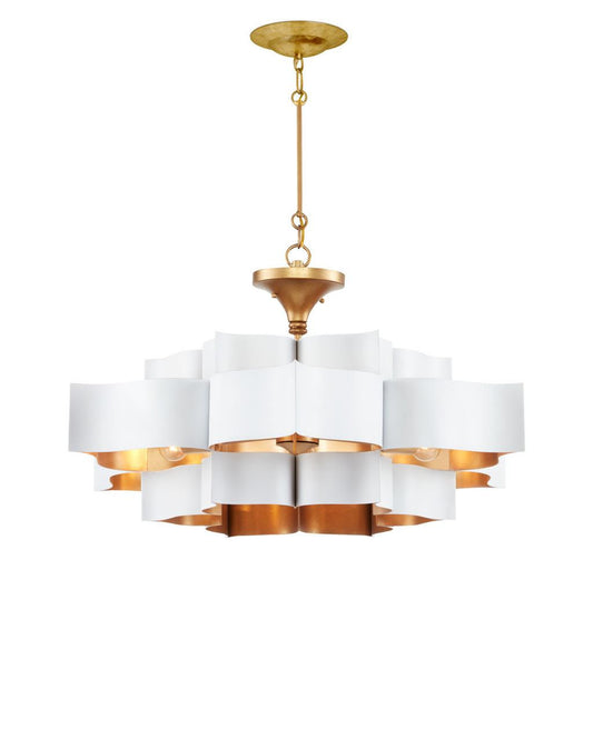 Currey and Company Grand Lotus Large White Chandelier Sugar White, Contemporary Gold Leaf