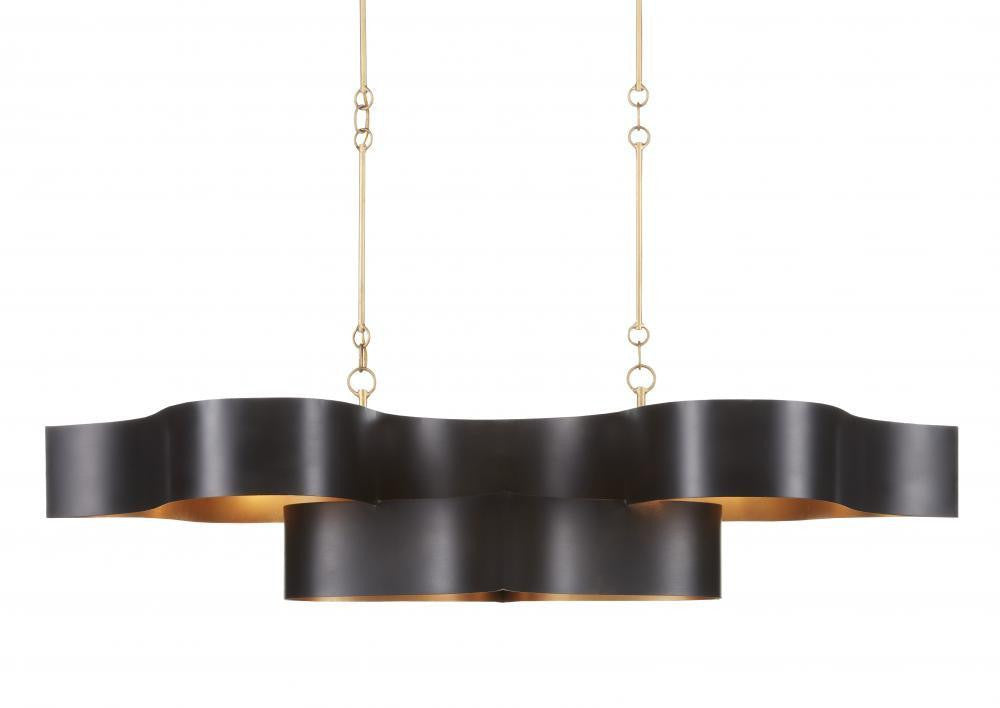 Currey and Company Grand Lotus Oval Black Chandelier Satin Black, Contemporary Gold Leaf
