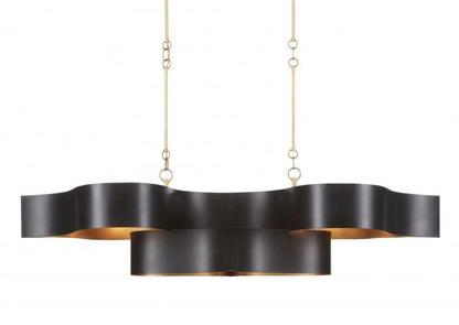Currey and Company Grand Lotus Oval Black Chandelier Satin Black, Contemporary Gold Leaf
