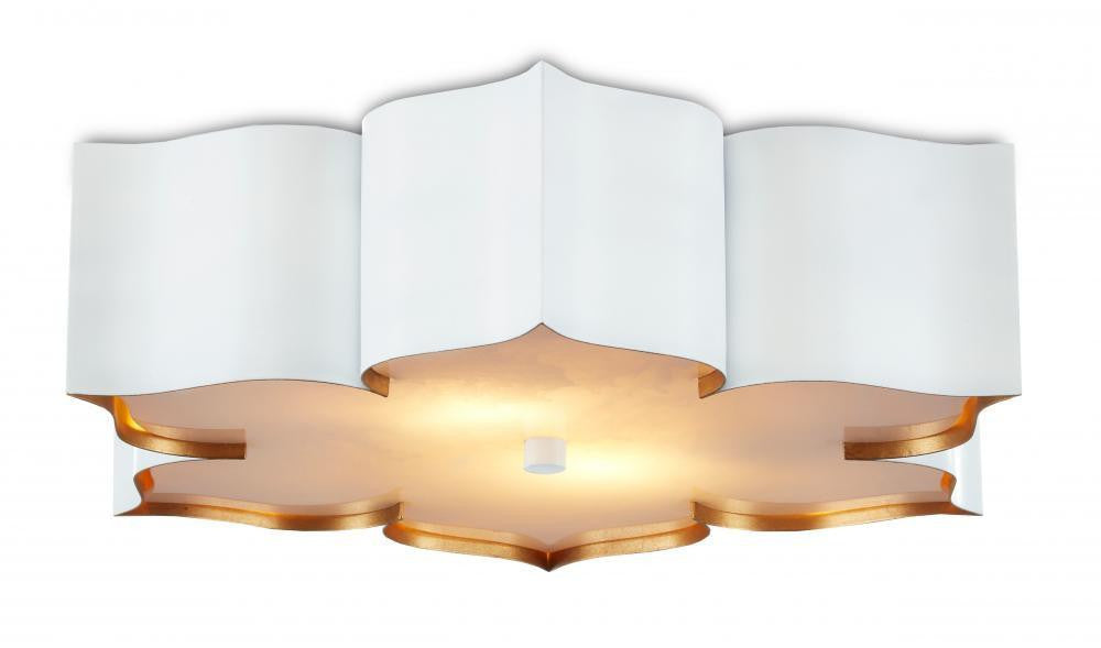 Currey and Company Grand Lotus White Flush Mount Sugar White, Contemporary Gold, Gaux Alabas