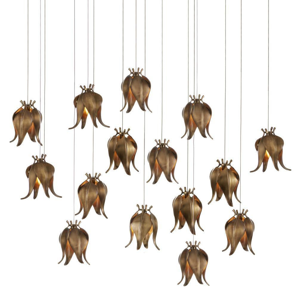 Currey and Company Iota 15-Light Linear Multi-Drop Pendant Antique Brass